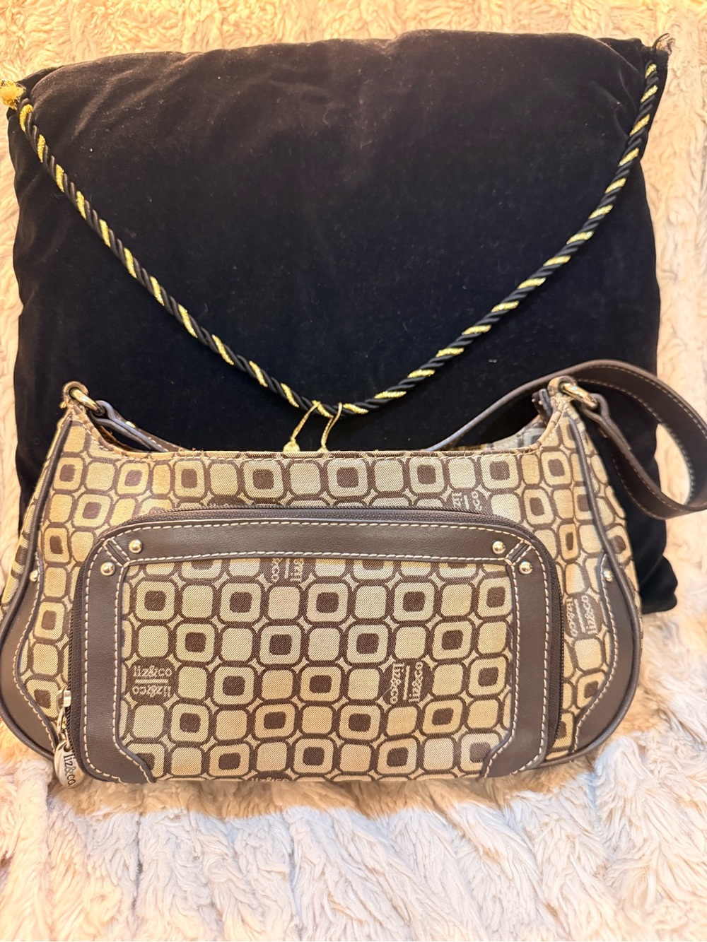 Liz Claiborne Brown Geo-Print Shoulder Bag with Dark Trim